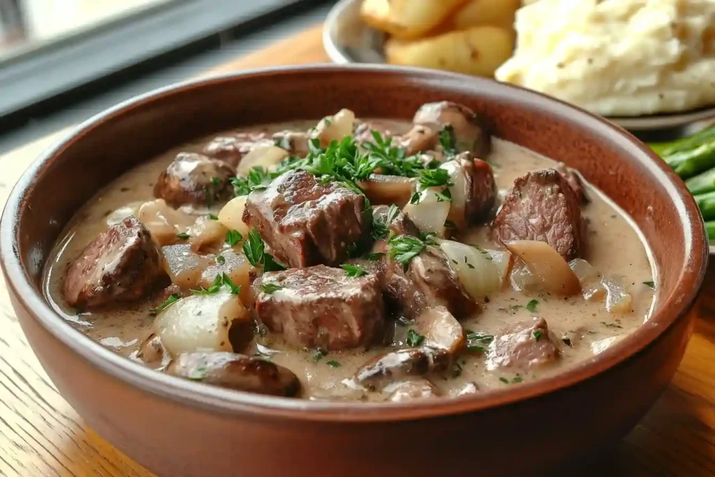 Verführerischer Filettopf mit Champignons in einer modernen Schüssel auf einem eleganten Tisch