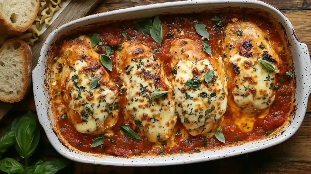 Golden-baked Mozzarella-Hähnchen in Tomaten-Sahne-Soße: Juicy chicken breasts in creamy tomato sauce, topped with melted mozzarella and fresh basil.