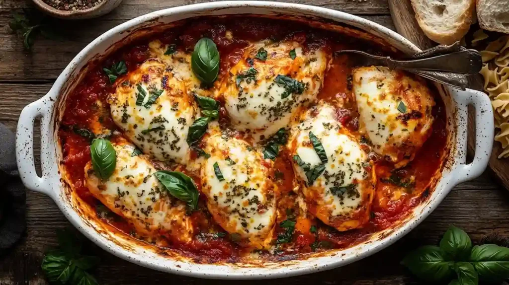 Golden-baked Mozzarella-Hähnchen in Tomaten-Sahne-Soße: Juicy chicken breasts in creamy tomato sauce, topped with melted mozzarella and fresh basil.