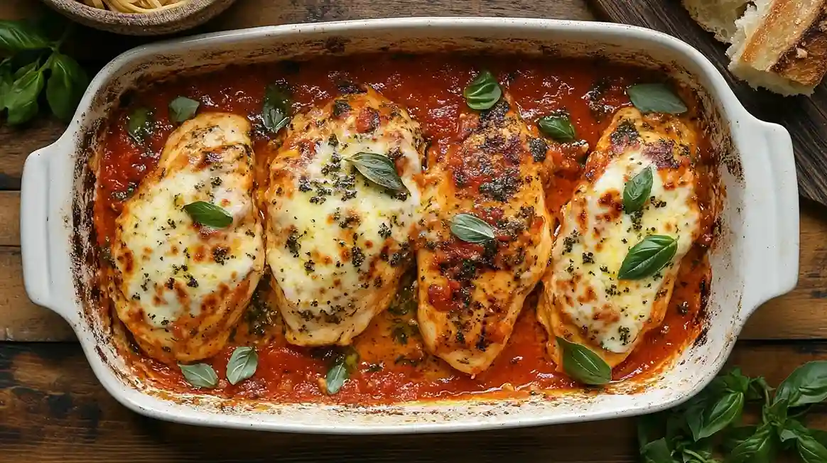 Golden-baked Mozzarella-Hähnchen in Tomaten-Sahne-Soße: Juicy chicken breasts in creamy tomato sauce, topped with melted mozzarella and fresh basil.