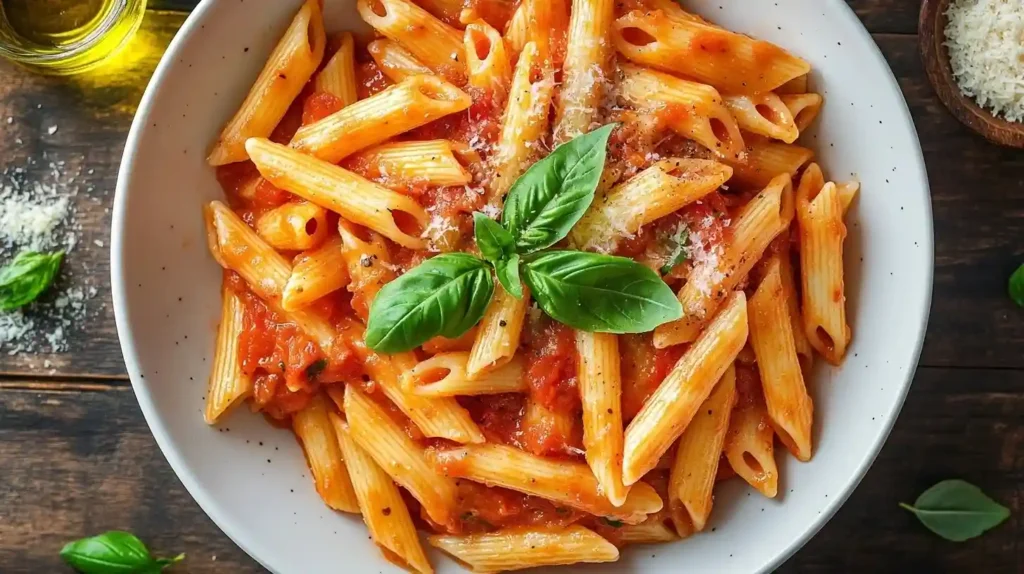 Eine Schüssel mit perfekt zubereiteten Penne Nudeln in einer cremigen Tomaten-Sahne-Sauce, garniert mit frischem Basilikum und geriebenem Parmesan.