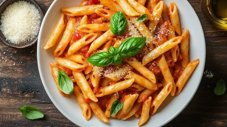 Eine Schüssel mit perfekt zubereiteten Penne Nudeln in einer cremigen Tomaten-Sahne-Sauce, garniert mit frischem Basilikum und geriebenem Parmesan.