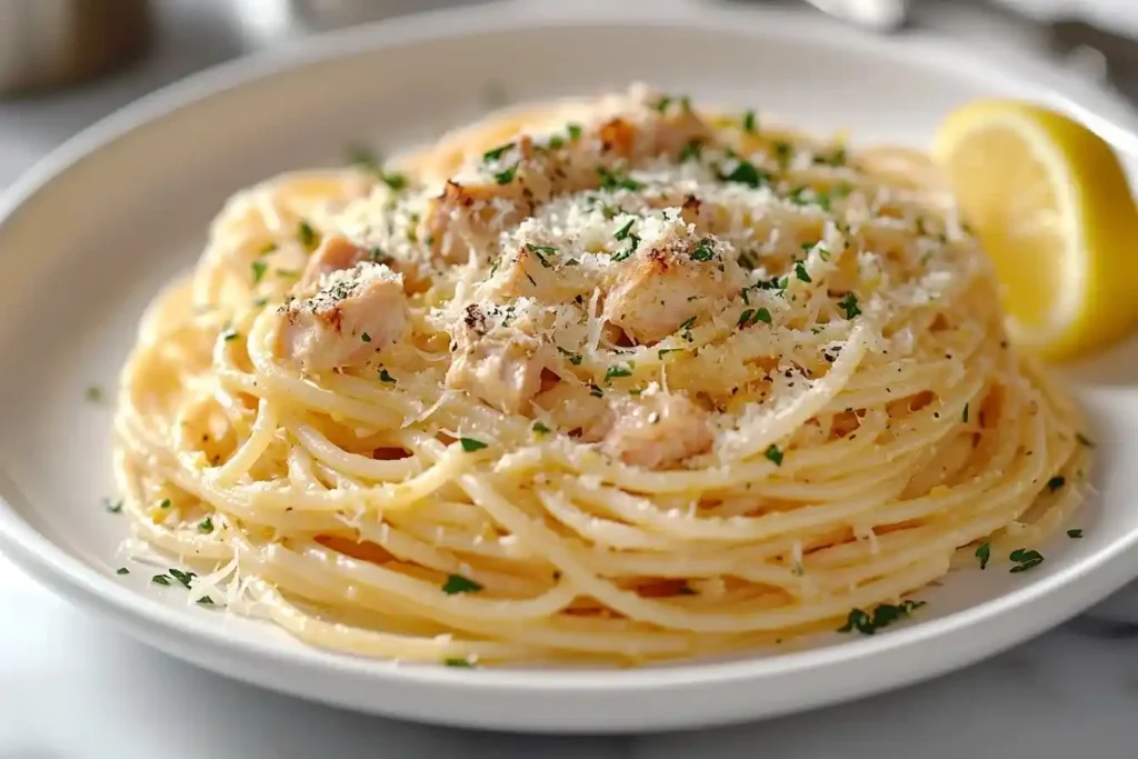 Spaghetti mit Zitronen-Thunfischsoße garniert mit frischen Kräutern