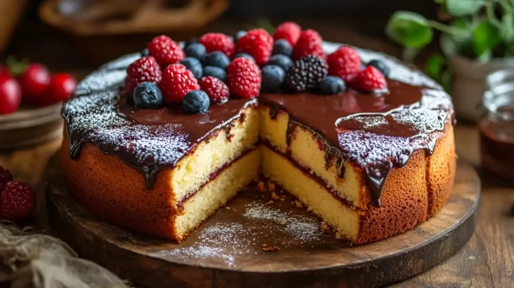 Saftiger glutenfreier veganer Kuchen mit frischen Beeren und Kokoscreme, serviert auf einem rustikalen Holztisch mit natürlichem Licht.