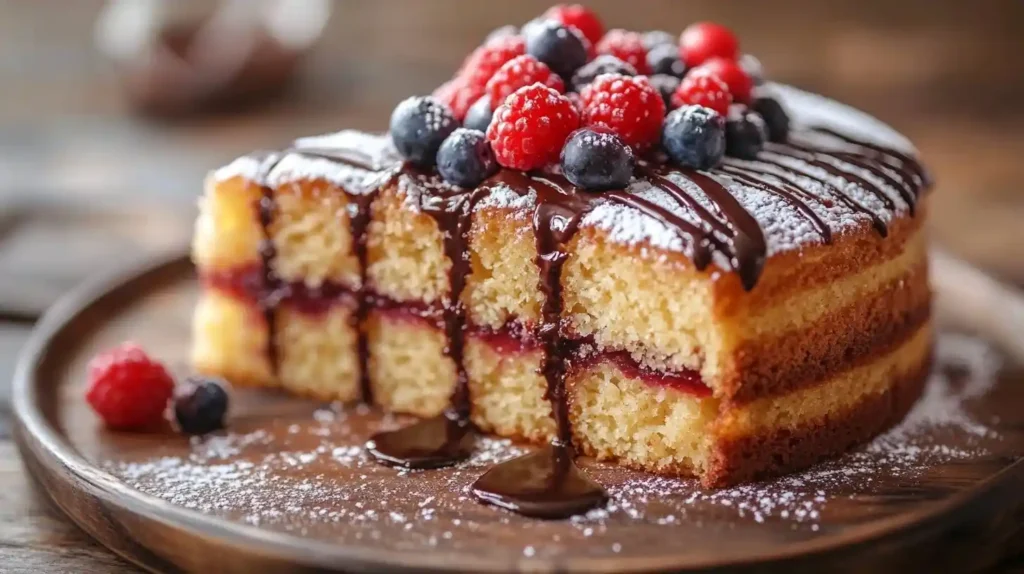 Saftiger glutenfreier veganer Kuchen mit frischen Beeren und Kokoscreme, serviert auf einem rustikalen Holztisch mit natürlichem Licht.