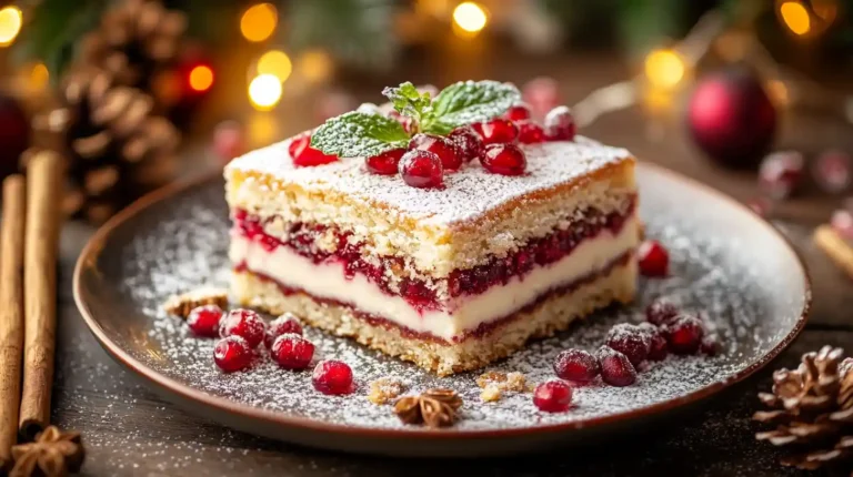 in festliches weihnachtliches Dessert, dekoriert mit Puderzucker, frischen Beeren und Tannenzweigen, serviert auf einem rustikalen Holzbrett.