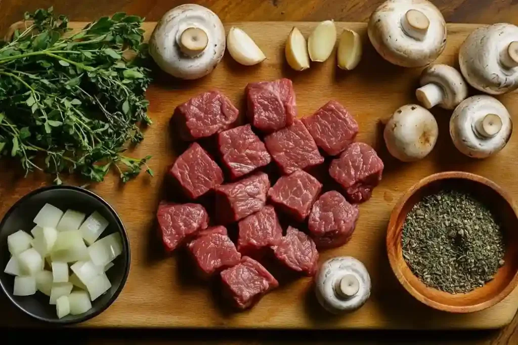 Zutaten für Filettopf mit Champignons: Rinderfilet, frische Pilze, Zwiebeln und Kräuter auf einer Holzschneideplatte