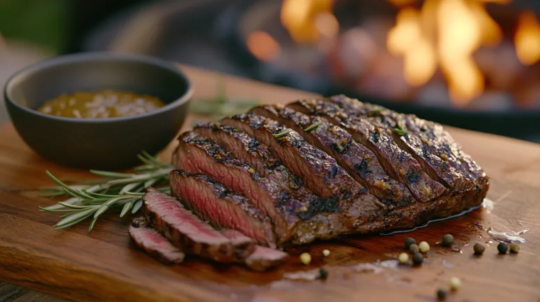 Saftiger Rinderbraten auf dem Grill mit rauchiger Kruste, umgeben von gegrilltem Gemüse und frischen Kräutern – perfekt für BBQ-Partys.