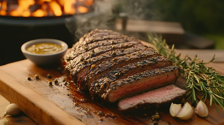 Saftiger Rinderbraten auf dem Grill mit rauchiger Kruste, umgeben von gegrilltem Gemüse und frischen Kräutern – perfekt für BBQ-Partys.