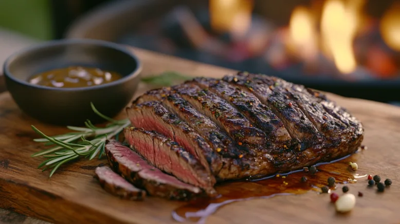 Saftiger Rinderbraten auf dem Grill mit rauchiger Kruste, umgeben von gegrilltem Gemüse und frischen Kräutern – perfekt für BBQ-Partys.