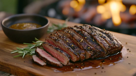 Saftiger Rinderbraten auf dem Grill mit rauchiger Kruste, umgeben von gegrilltem Gemüse und frischen Kräutern – perfekt für BBQ-Partys.