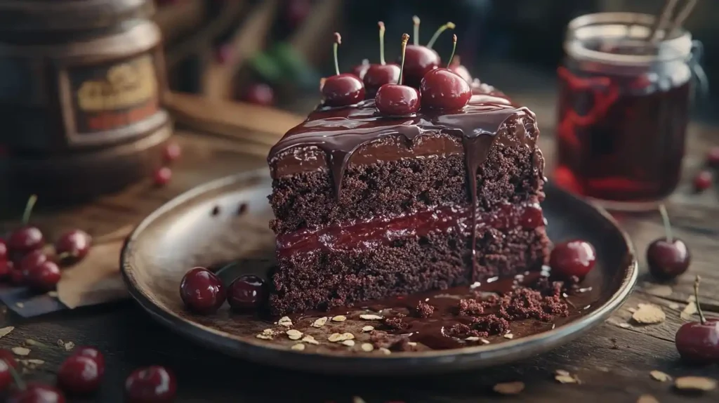 Saftiger Schoko Kirsch Kuchen mit glänzender Kirsch-Glaze und frischen Kirschen auf einem rustikalen Teller.