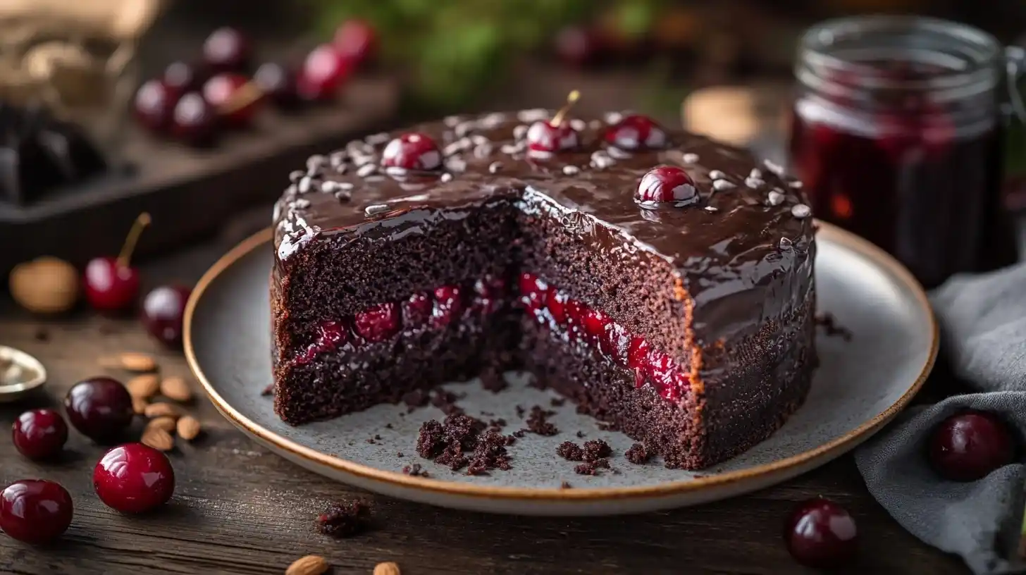 Saftiger Schoko Kirsch Kuchen mit glänzender Kirsch-Glaze und frischen Kirschen auf einem rustikalen Teller.