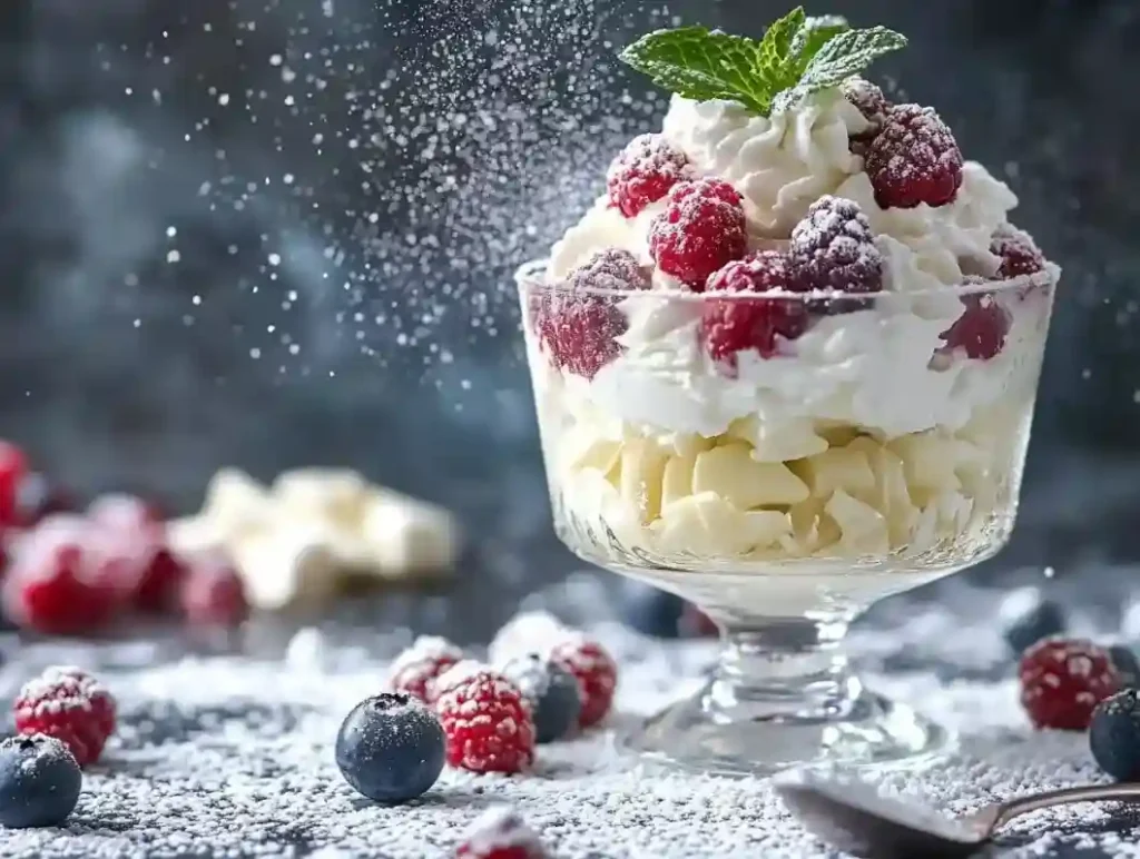 Schneegestöber Dessert mit Puderzucker, Himbeeren und Nüssen, serviert in edlem Glas