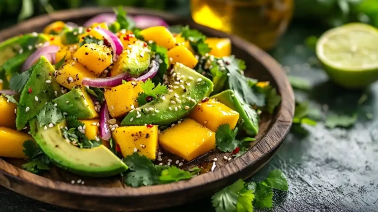 Bunter Avocado-Mango-Salat mit cremigen Avocadowürfeln, saftigen Mangostücken, dünnen Rotzwiebelringen und frischen Korianderblättern auf rustikalem Holzbrett. Beträufelt mit Limetten-Honig-Dressing, garniert mit Chiliflocken, gerösteten Sesamsamen und essbaren Blüten. Natürliches Food-Fotografie-Setting mit Sonnenlicht und grünem Hintergrund