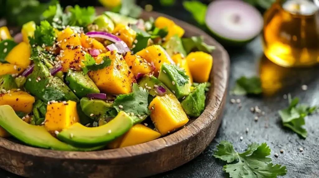 Bunter Avocado-Mango-Salat mit cremigen Avocadowürfeln, saftigen Mangostücken, dünnen Rotzwiebelringen und frischen Korianderblättern auf rustikalem Holzbrett. Beträufelt mit Limetten-Honig-Dressing, garniert mit Chiliflocken, gerösteten Sesamsamen und essbaren Blüten. Natürliches Food-Fotografie-Setting mit Sonnenlicht und grünem Hintergrund