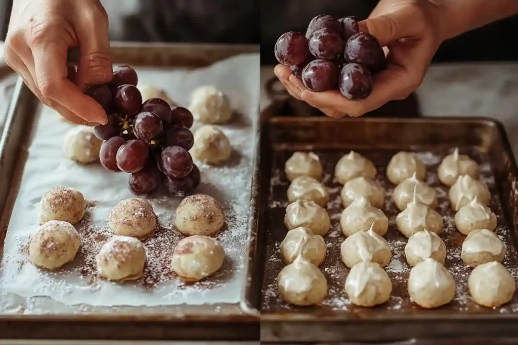 Zubereitung des Weintrauben Desserts mit Cookies – Teigformung und Anrichtung der frischen Trauben.