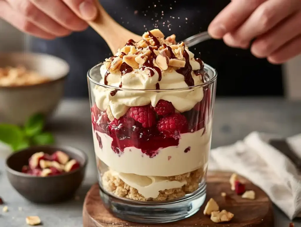 Schichten des Schneegestöber Desserts in Glas: Sahne-Creme und Beeren, garniert mit Schokolade