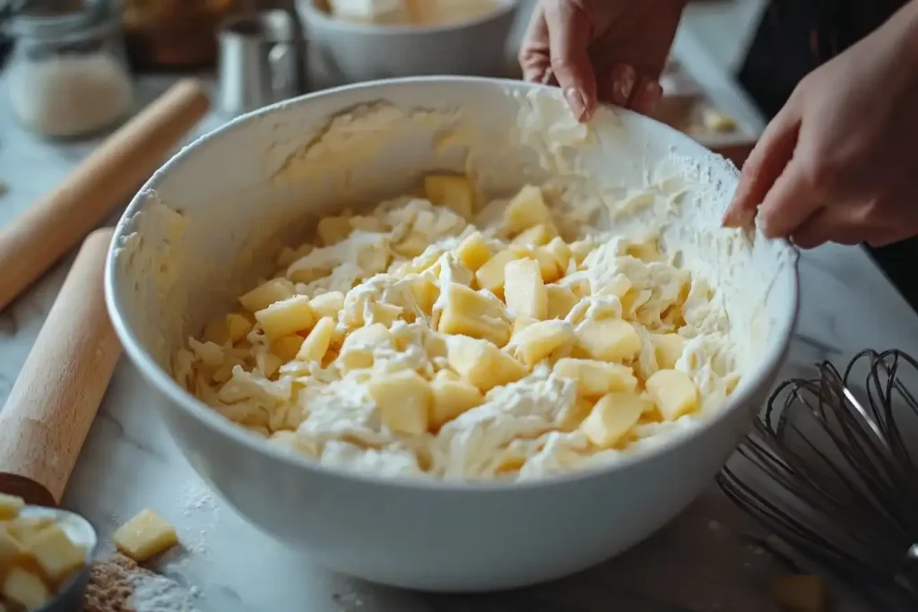 Vorbereitung des Teigs für den Schnellen Apfelkuchen in einer großen Schüssel