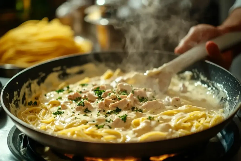 Zubereitung der Spaghetti mit Thunfisch-Sahne-Soße in einer Pfanne auf dem Herd.