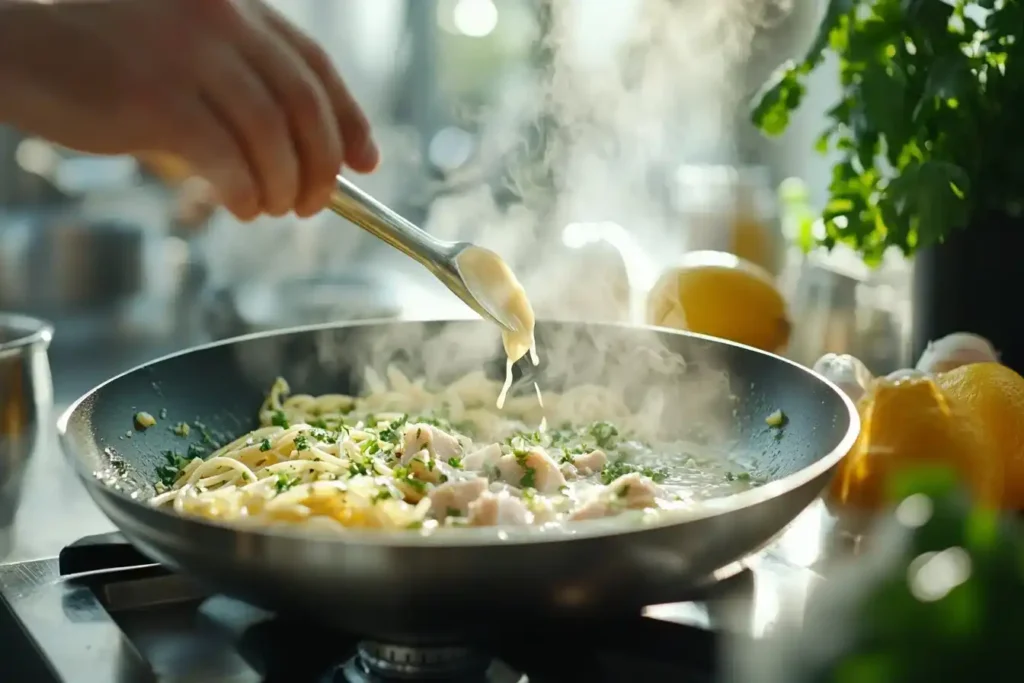 Vorbereitung von Spaghetti mit Zitronen-Thunfischsoße in einer Pfanne