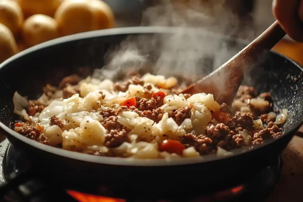 Zubereitung von Weißkohl mit Hackfleisch und Kartoffeln: Bratender Hackfleisch in einer Pfanne, gefolgt vom hinzugefügten Weißkohl und Gewürzen."