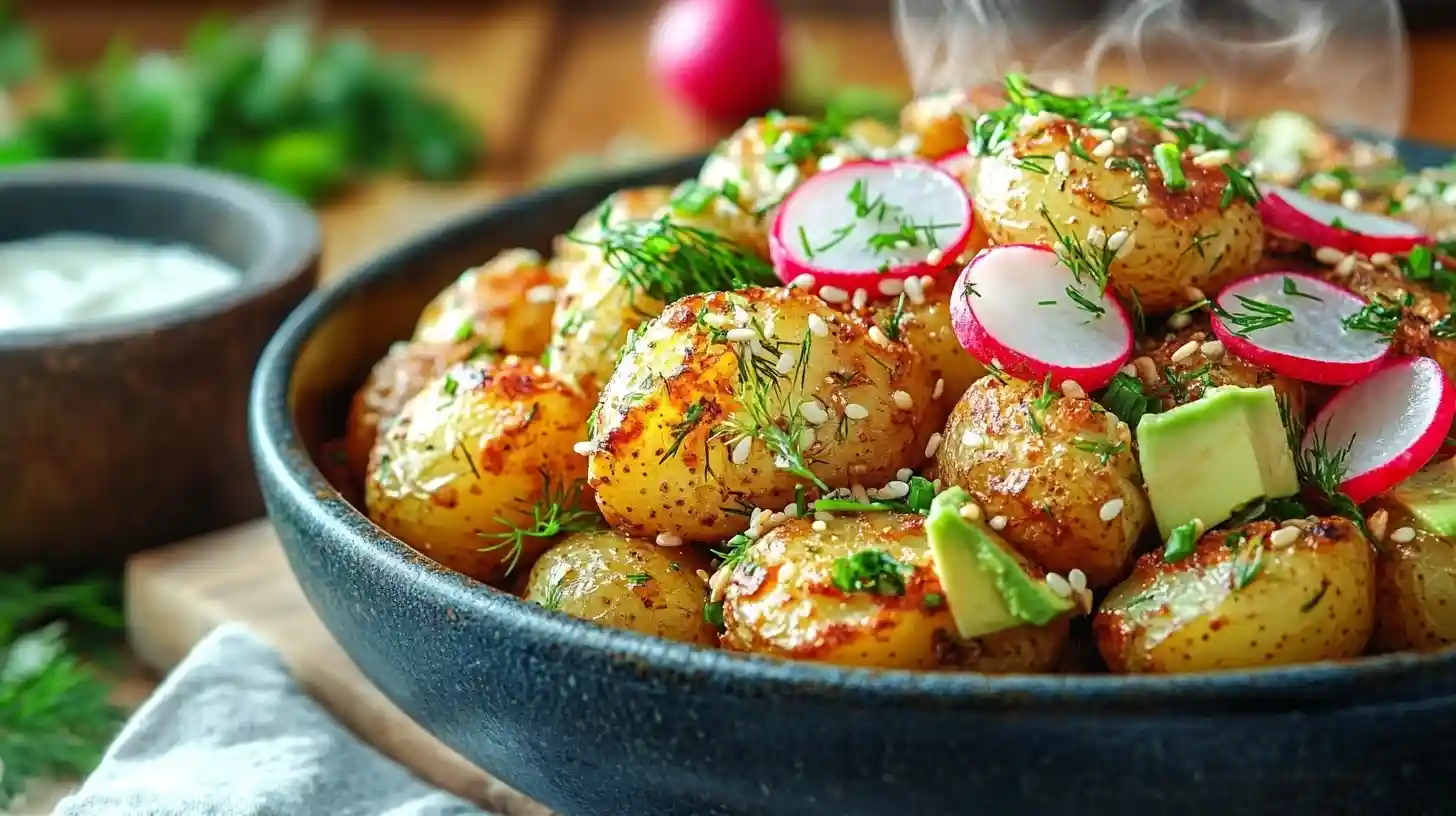 Smashed Potatoes Salat mit cremigem Joghurt-Dressing, frischen Kräutern und Radieschen, serviert in einer rustikalen Schüssel auf einem Holztisch