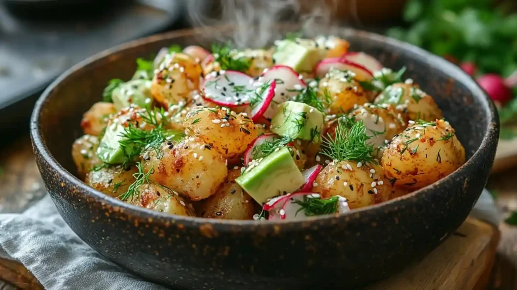 Smashed Potatoes Salat mit cremigem Joghurt-Dressing, frischen Kräutern und Radieschen, serviert in einer rustikalen Schüssel auf einem Holztisch