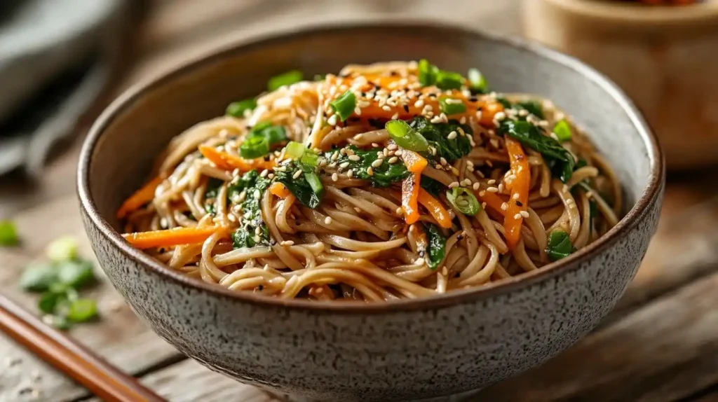 Eine Schüssel mit Soba-Nudeln Rezept, garniert mit frischem Spinat, geraspelten Karotten, Frühlingszwiebeln und Sesamsamen, serviert mit einer würzigen Sojasauce.