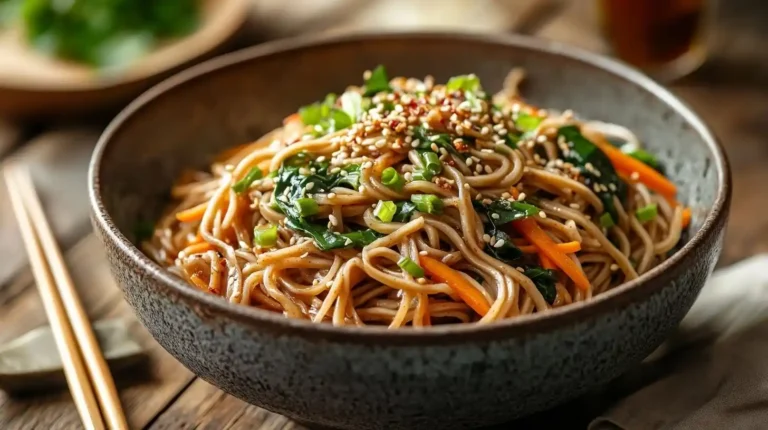 Eine Schüssel mit Soba-Nudeln Rezept, garniert mit frischem Spinat, geraspelten Karotten, Frühlingszwiebeln und Sesamsamen, serviert mit einer würzigen Sojasauce.