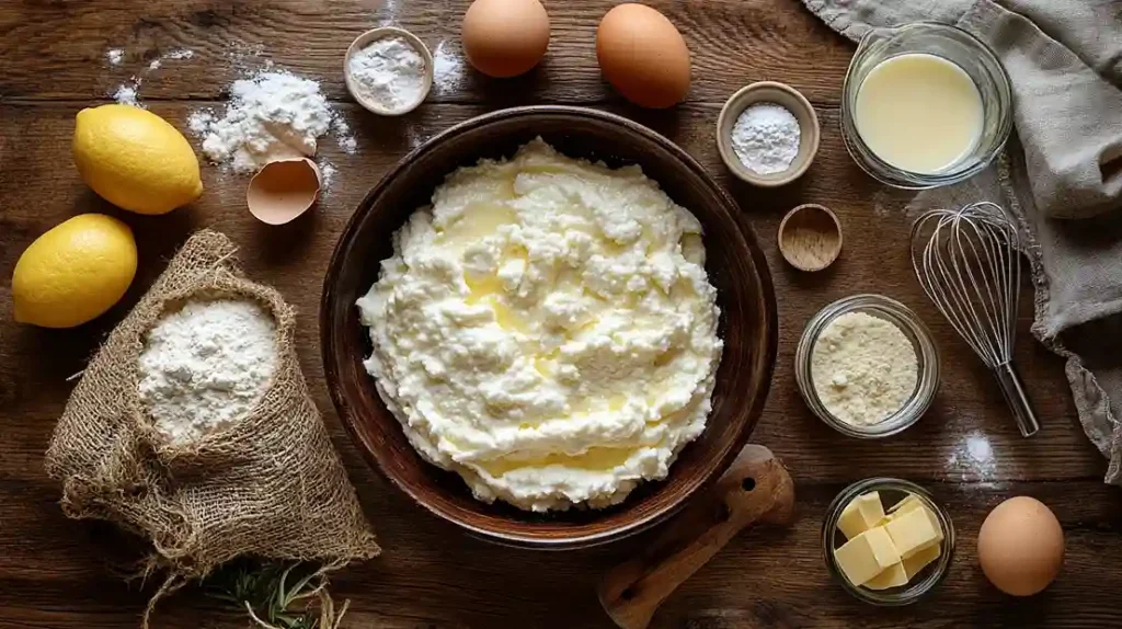 Fluffiger-Faule Weiber-Kuchen mit Quark, goldbraun gebacken, mit Puderzucker bestäubt und frischen Beeren garniert, auf einem rustikalen Holztisch serviert.