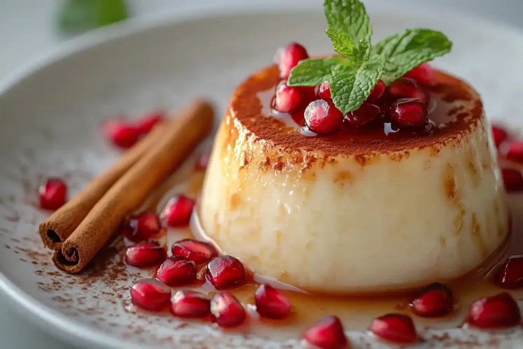 Griechisches Dessert im Keramikschälchen mit Granatapfel