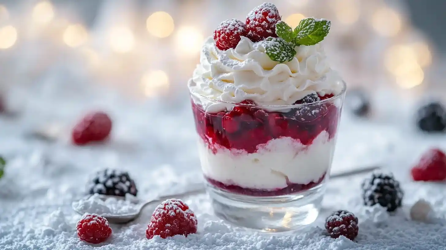 Schneegestöber Dessert mit Beeren, weißer Schokolade und Minze in Glas, cremig und kunstvoll angerichtet