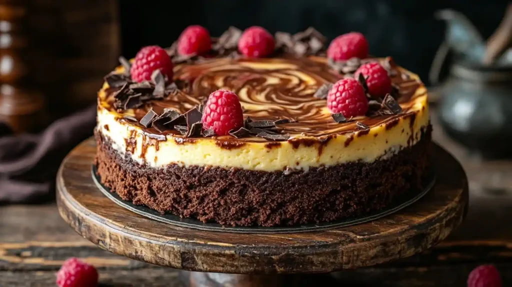 Dichtes Schokoladen-Brownie mit cremiger Käsekuchenschicht, garniert mit frischen Himbeeren und Schokoladensplittern – ein perfektes Brownie Cheesecake Dessert auf einem weißen Teller