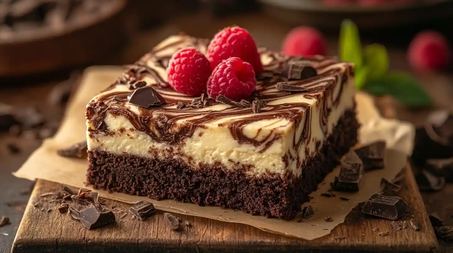 Dichtes Schokoladen-Brownie mit cremiger Käsekuchenschicht, garniert mit frischen Himbeeren und Schokoladensplittern – ein perfektes Brownie Cheesecake Dessert auf einem weißen Teller