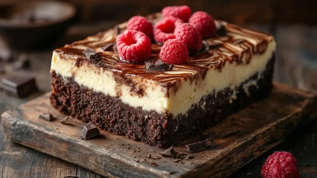 Dichtes Schokoladen-Brownie mit cremiger Käsekuchenschicht, garniert mit frischen Himbeeren und Schokoladensplittern – ein perfektes Brownie Cheesecake Dessert auf einem weißen Teller