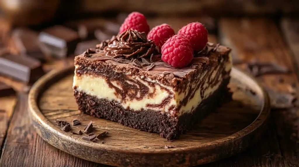 Dichtes Schokoladen-Brownie mit cremiger Käsekuchenschicht, garniert mit frischen Himbeeren und Schokoladensplittern – ein perfektes Brownie Cheesecake Dessert auf einem weißen Teller