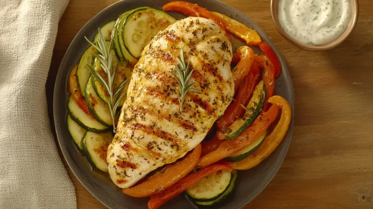 Saftiges Hähnchen im Ofen mit buntem Gemüse wie Zucchini, Paprika und Möhren, angerichtet auf einem Holzbrett mit frischen Kräutern und Zitronenscheiben, gesundes und leckeres Essen