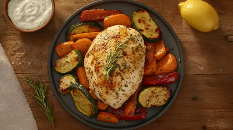 Saftiges Hähnchen im Ofen mit buntem Gemüse wie Zucchini, Paprika und Möhren, angerichtet auf einem Holzbrett mit frischen Kräutern und Zitronenscheiben, gesundes und leckeres Essen