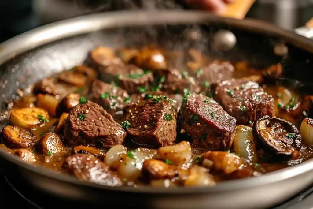 Filettopf mit Champignons wird in einer Pfanne zubereitet: brutzelndes Fleisch und Pilze mit cremiger Soße