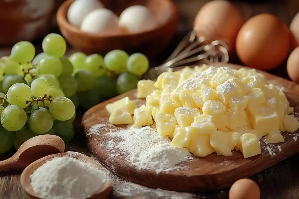 Weintrauben Dessert mit Cookies Zutaten auf einem rustikalen Holztisch, darunter Mehl, Butter, Zucker und frische Trauben.