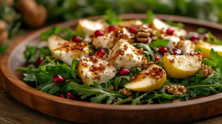 in kunstvoller Salat mit Ziegenkäse, Birnenscheiben, karamellisierten Walnüssen und Granatapfelkernen auf einem rustikalen Holzteller, garniert mit Honig-Senf-Dressing