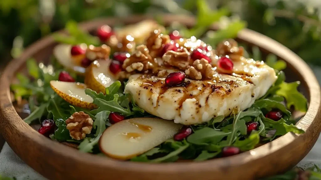 in kunstvoller Salat mit Ziegenkäse, Birnenscheiben, karamellisierten Walnüssen und Granatapfelkernen auf einem rustikalen Holzteller, garniert mit Honig-Senf-Dressing